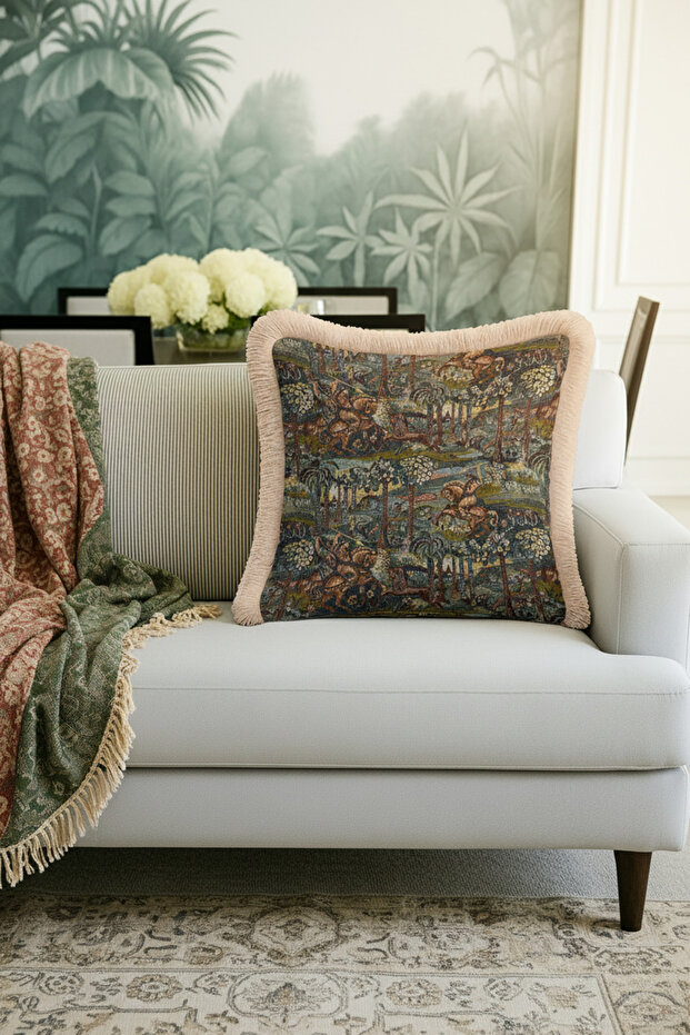 Saray Avangard Fringed Pillowcase - Classic Hunter Themed Vintage Blue Tassel Throw Pillow Cover