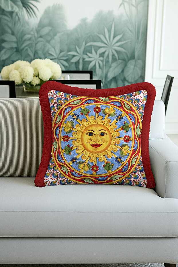 Mediterranean Luxury Fringed Pillowcase - Colorful Bohemian Red Tassel Throw Pillow Cover with Sun Motif