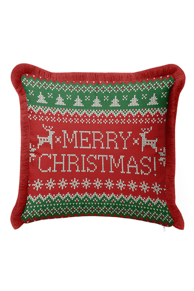 Christmas Motif Fringed Pillowcase - Winter Themed Retro Red Green Tassel Throw Pillow Cover