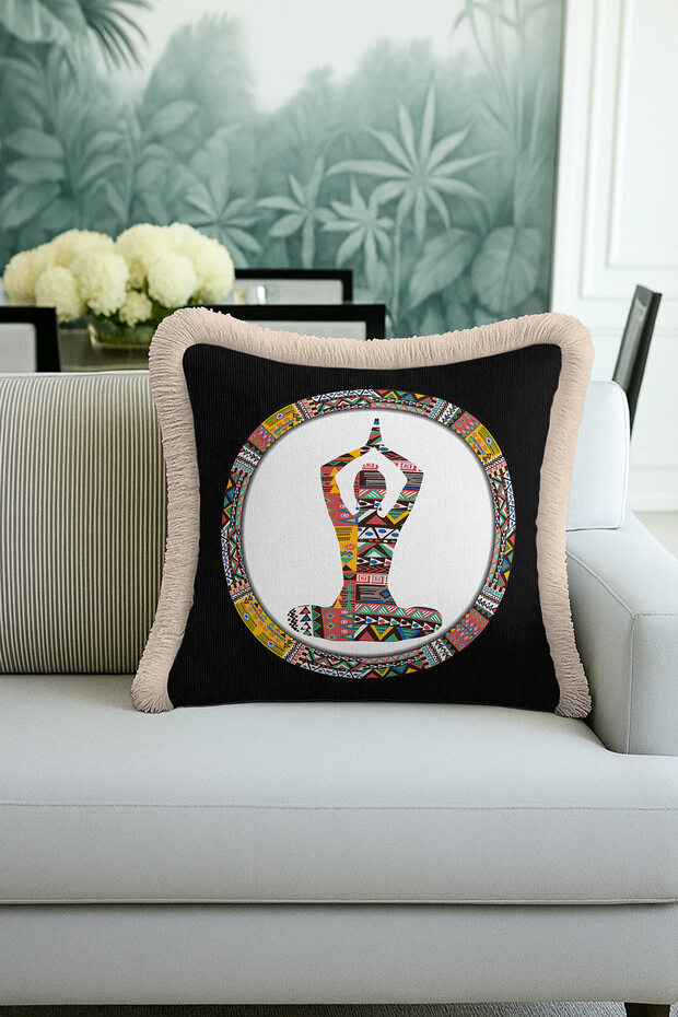 Ethnic Geometric Fringed Pillowcase - Meditation Bohemian Black Beige Tassel Throw Pillow Cover