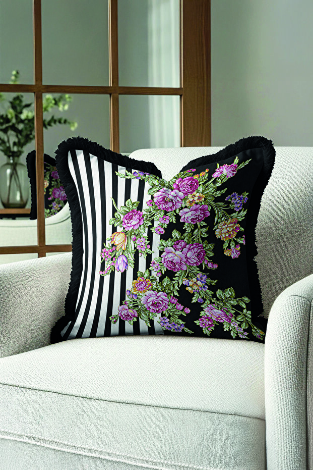 Luxury Striped Floral Fringe Pillowcase - Elegant Bohemian Black Purple Tassel Throw Pillow Cover
