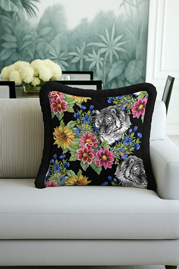 Fringed Pillowcase with Floral and Tiger Motifs - Black Tropical Bohemian Red Tassel Throw Pillow Cover