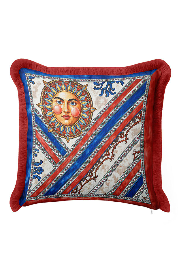 Luxury Fringed Pillowcase with Sun Figure - Classic Mediterranean Retro Red Blue Tassel Throw Pillow Cover