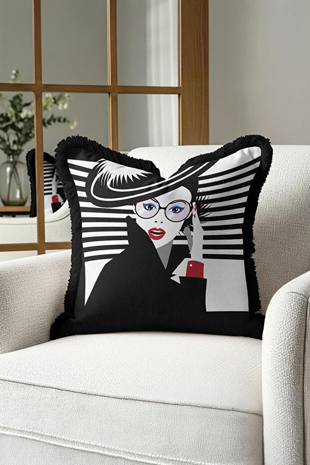 Elegant Retro Chic Fringed Pillowcase - Graphic Portrait Themed Modern Black Tassel Throw Pillow Cover