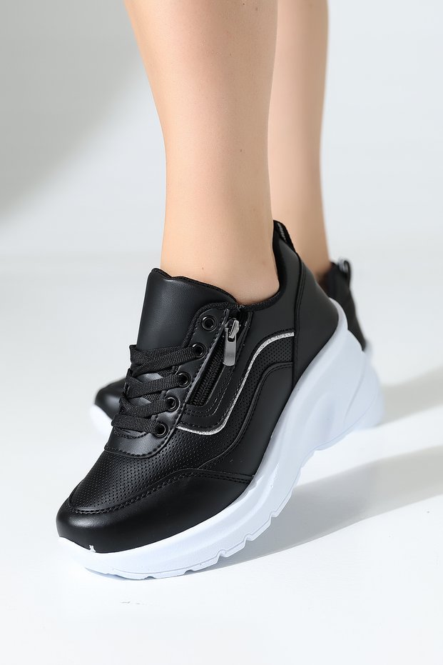 Women's Casual Black Sneakers with Zip Detail, Sporty High Sole Available in Color Options