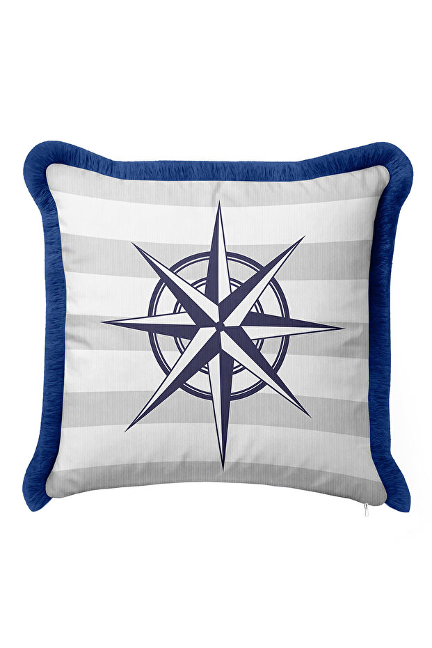 Luxury Compass Motif Fringed Pillowcase - Marine Themed Navy Blue Striped Tassel Throw Pillow Cover