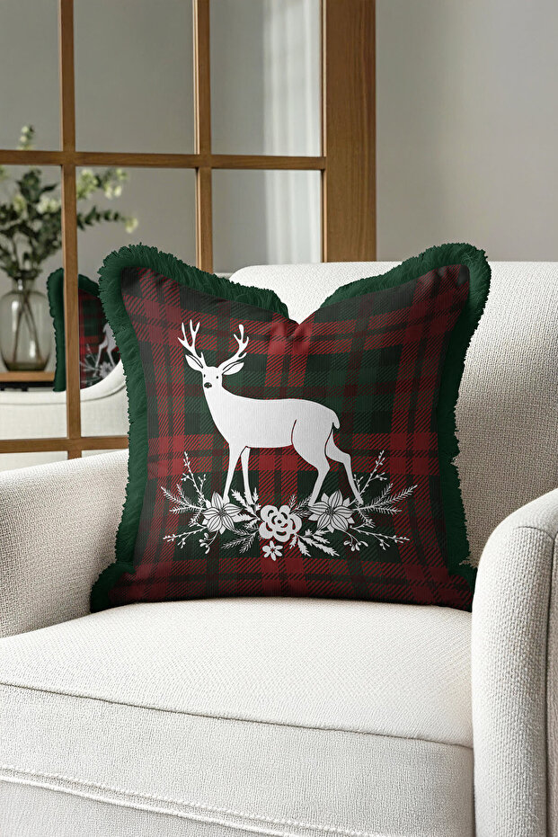 Christmas Deer Fringed Pillowcase - Plaid New Year Retro Red Green Tassel Throw Pillow Cover