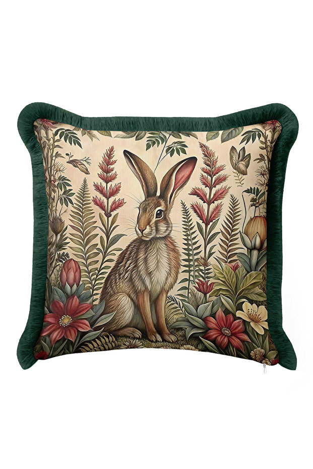 Vintage Spring Garden Fringed Pillowcase - Rustic Green Tassel Throw Pillow Cover with Rabbit Figure