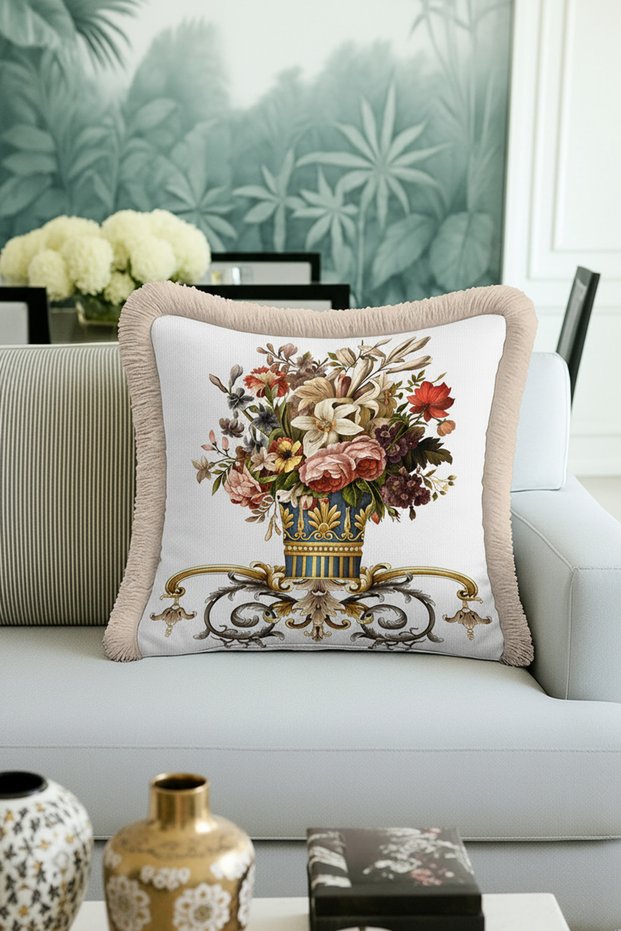 Baroque Floral Vase Motif Fringed Pillowcase - Vintage Classic Cream Rustic Tufted Throw Pillow Cover