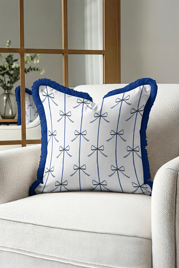 Elegant Bow Motif Fringed Pillowcase - Classic Stylish Blue White Modern Tufted Throw Pillow Cover