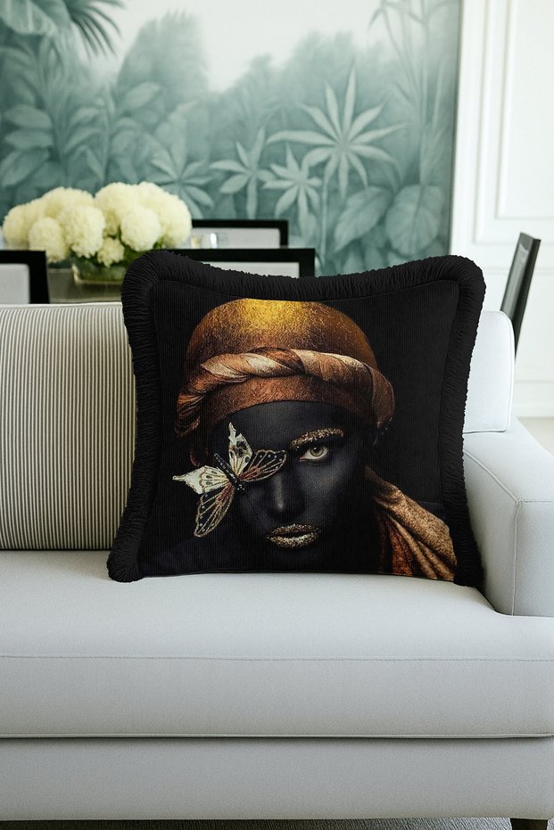 Gold Art Portrait Fringed Pillowcase - Luxury Afro Bohemian Black Gold Color Tassel Throw Pillow Case