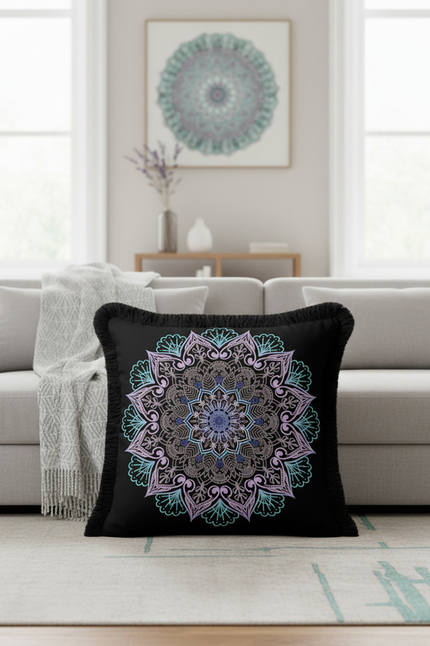 Mandala Motif Fringed Pillowcase - Bohemian Black Purple Tassel Throw Pillow Cover