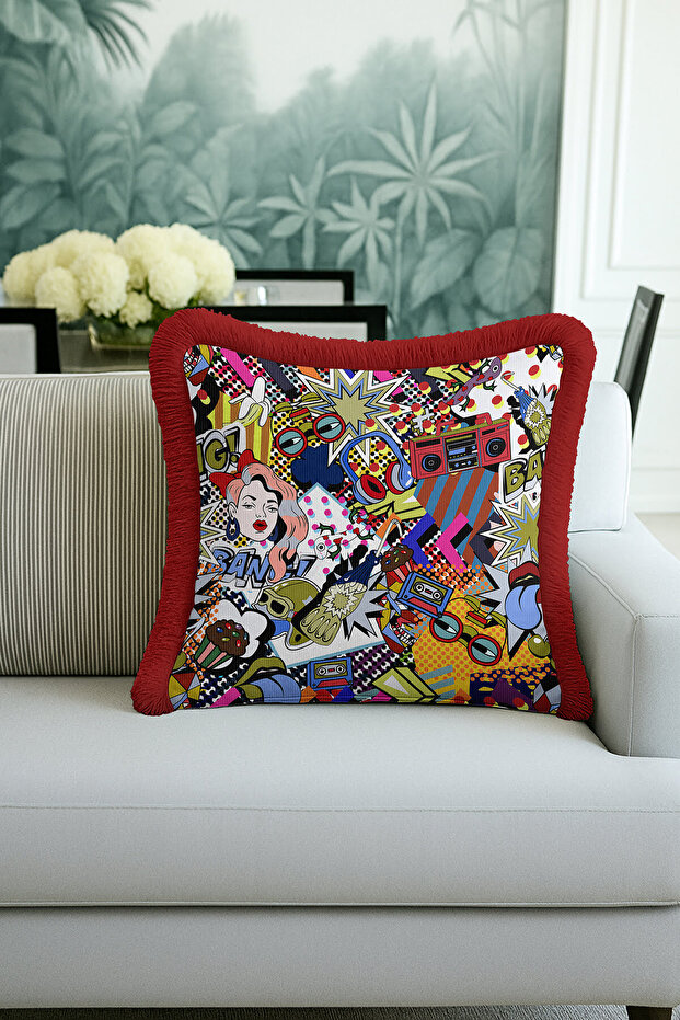 Pop Art Colorful Fringed Pillowcase - Comic Book Themed Retro Red Tassel Throw Pillow Cover