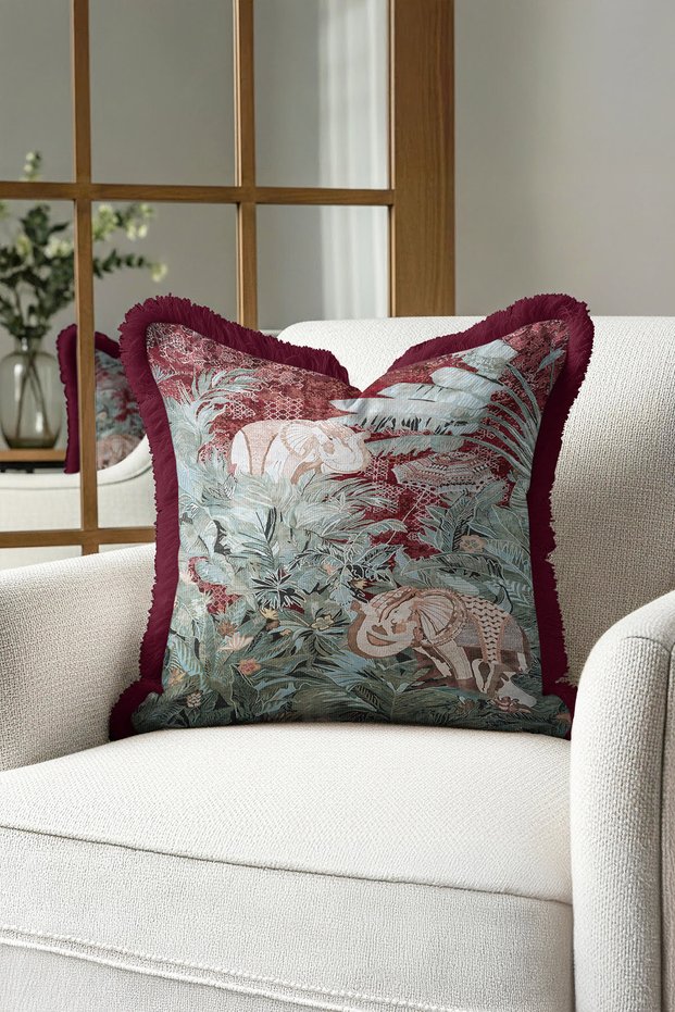 Luxury Forest-Themed Fringed Pillowcase - Exotic Nature Bohemian Burgundy Green Tasseled Cushion Cover
