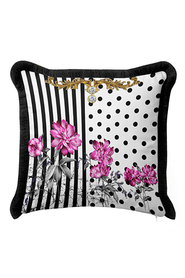 Luxury Striped Floral Fringed Pillowcase - Baroque Glam Nostalgic Black Tassel Throw Pillow Cover