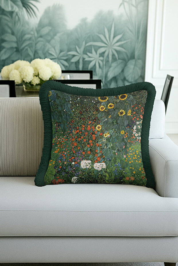 Artistic Garden Floral Luxury Fringed Pillowcase-Romantic Nature Green Tufted Throw Pillow Cover