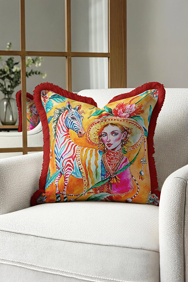 Artistic Striped Colorful Zebra Fringe Pillowcase-Tropical Orange Red Throw Pillow Cover with Tassels