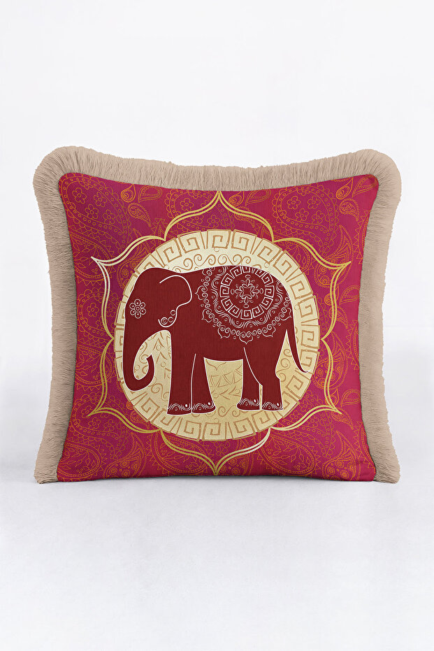 Indian Mandala Elephant Figured Fringed Pillow Case - Ethnic Bohemian Red Cream Tassel Throw Pillow Cover