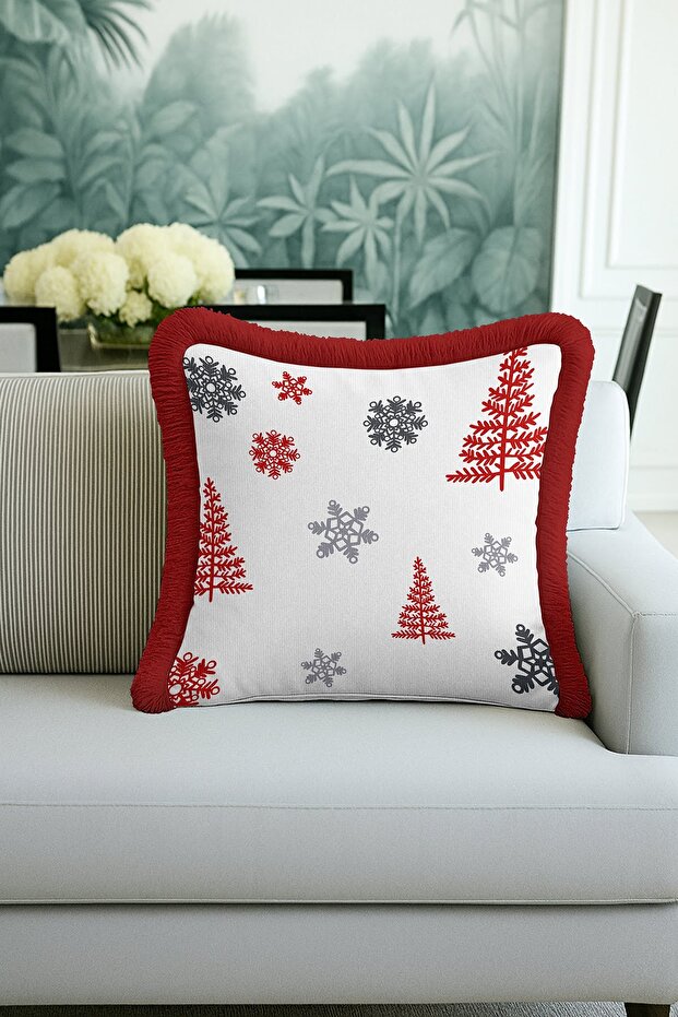 Winter Garden Fringed Pillowcase - Snow Themed Modern Red Gray Tufted Throw Pillow Cover