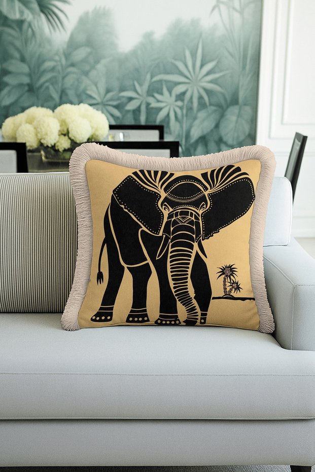 African-Inspired Elephant Motif Fringed Pillowcase - Safari Bohemian Black Cream Tassel Throw Pillow Cover