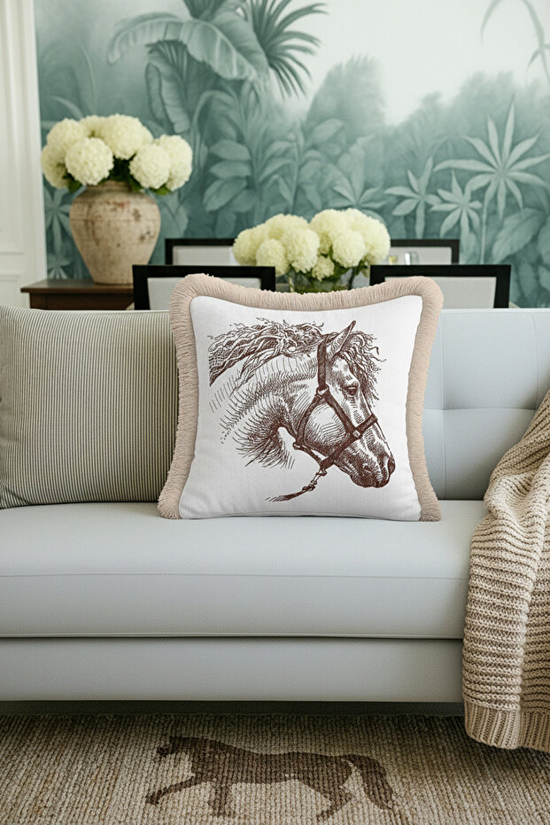 Classic Horse Figured Fringed Pillowcase - Elegant Country Style Cream Brown Tassel Throw Pillow Cover