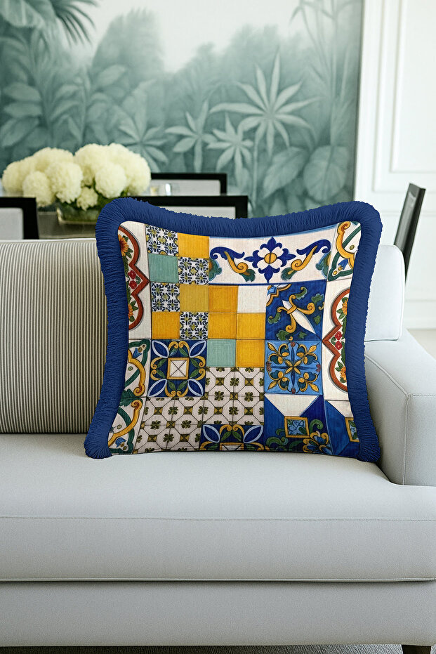 Mediterranean Ceramic Motif Fringed Pillowcase - Italian Eclectic Blue Yellow Tassel Throw Pillow Cover