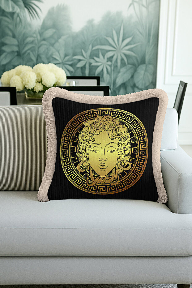 Fringed Pillowcase with Mythological Medusa Figure-Luxury Gold Color Black Baroque Tassels Throw Pillow Cover