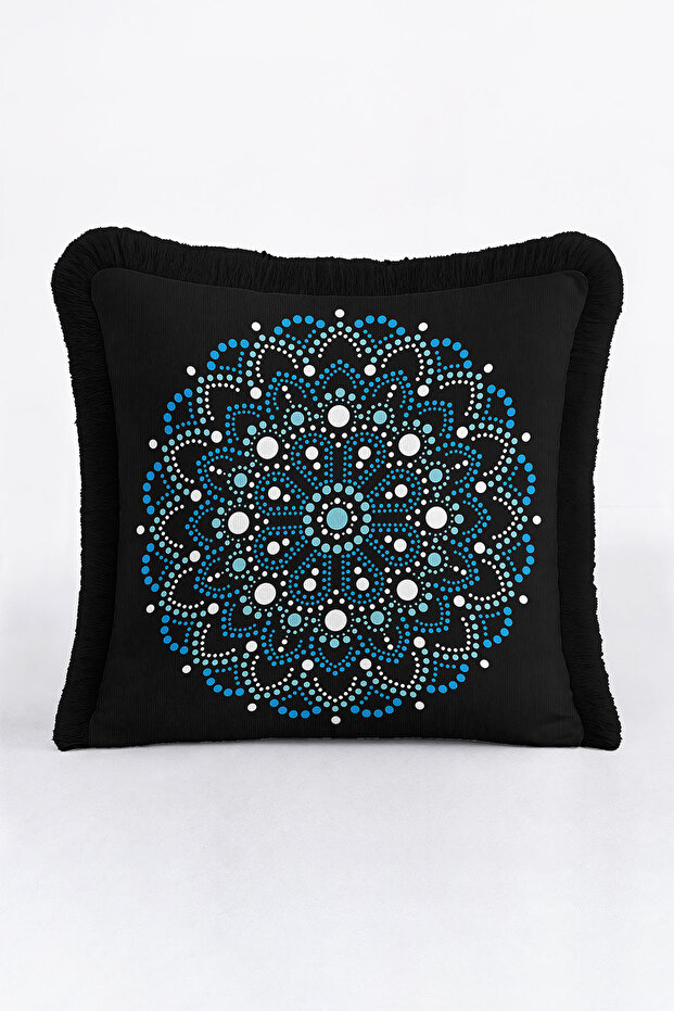 Mandala Elegance Fringed Pillowcase - Bohemian Black Blue Tassel Throw Pillow Cover