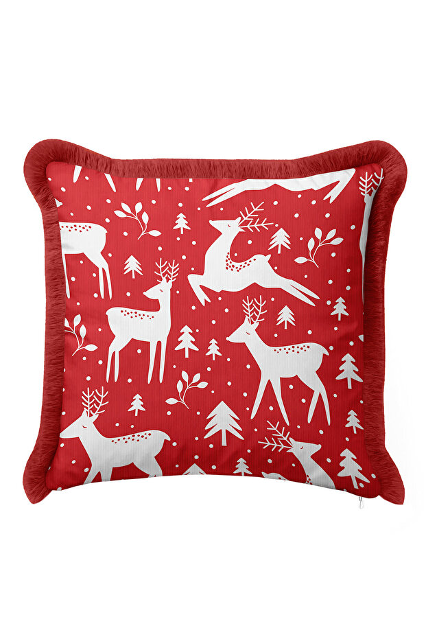 New Year Reindeer Fringed Pillowcase-Christmas New Year Red Rustic White Tassels Throw Pillow Cover