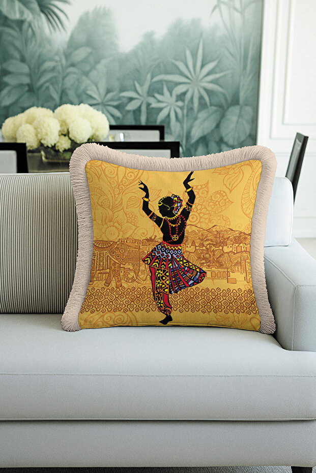Indian Palace Elegance Fringed Pillowcase - Boho Ethnic Gold Color Tassel Throw Pillow Cover