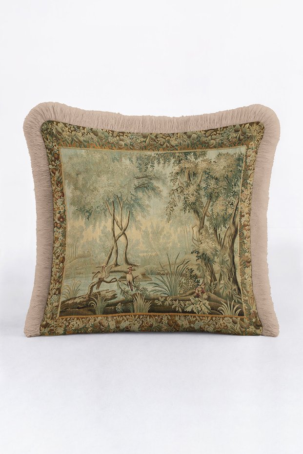 Baroque Vintage Luxury Fringed Pillowcase-Nature Scenery Painting Green Beige Tassel Throw Pillow Cover