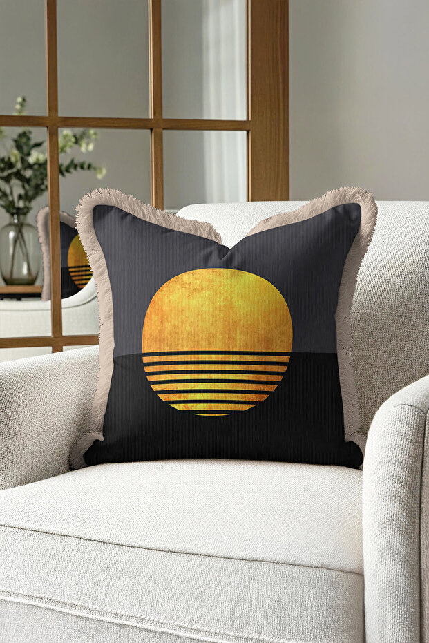 Sunrise on Black Background Fringed Pillowcase - Minimal Anthracite Black Gold Tassel Throw Pillow Cover