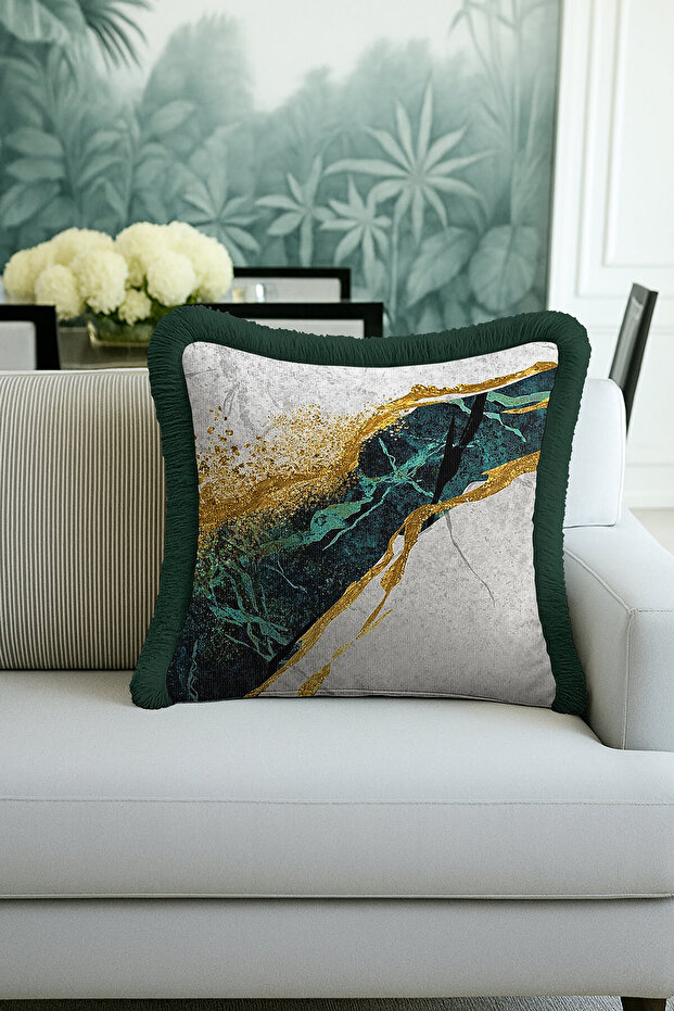 Luxury Marble Effect Fringed Pillowcase - Modern Gold Color Emerald Tassel Throw Pillow Cover