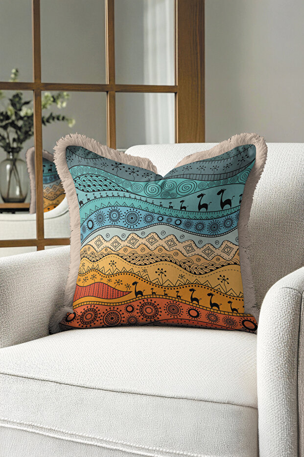 Ethnic Style Fringed Pillowcase - Bohemian Tribal Turquoise Orange Tassel Throw Pillow Cover