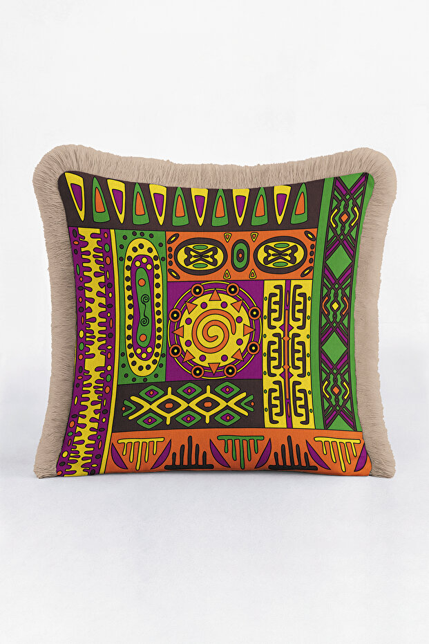 Ethnic Patterned Fringed Pillowcase - Bohemian Colorful Orange Yellow Purple Tassel Throw Pillow Cover