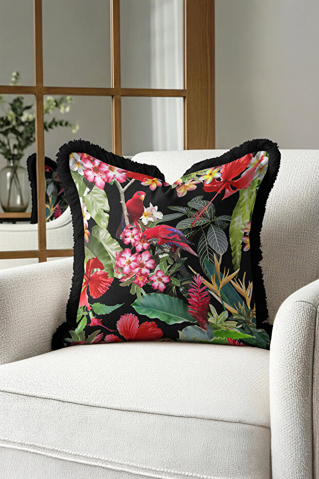 Tropical Bird Floral Fringe Pillowcase - Vibrant Exotic Bohemian Black Tassel Throw Pillow Cover