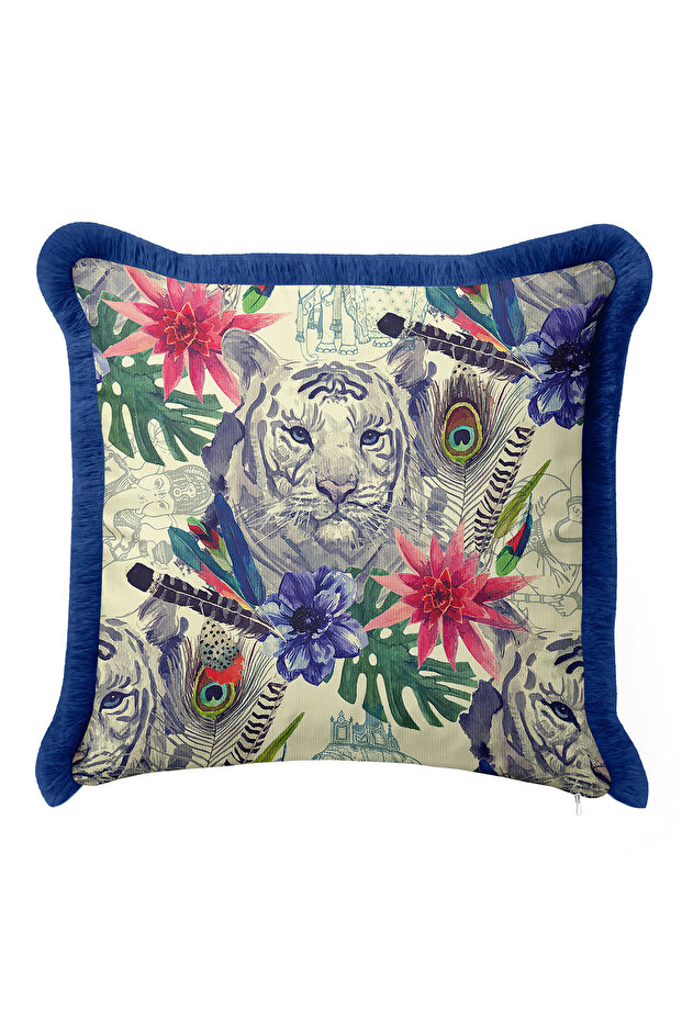Exotic Tiger Floral Fringe Pillowcase - Tropical Bohemian Blue Edged Tassel Throw Pillow Cover