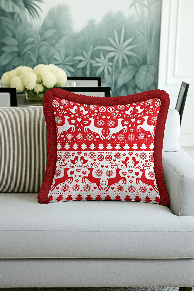 Nordic Deer Figured Fringed Pillowcase - Winter Themed Modern Red and White Tassel Throw Pillow Cover