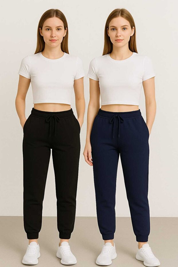 2 Pack Black-Dark Blue Standard Fit Regular Cut 2 Thread Pockets Comfortable Jogger Sweatpants