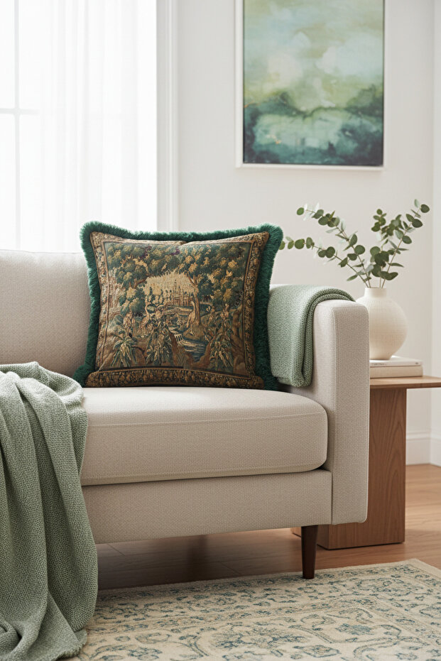 Elegant Luxury Fringed Pillowcase-Taffeta Green Brown Classic Tufted Throw Pillow Cover