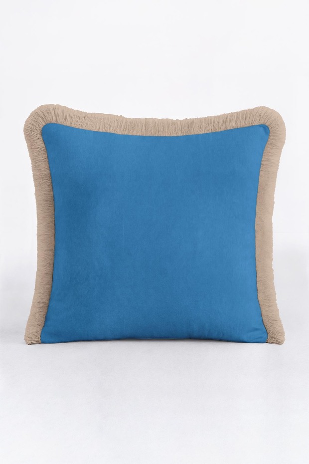 Elegant Luxury Blue Fringed Pillowcase - Bohemian Accent Beige Cream Tassel Throw Pillow Cover