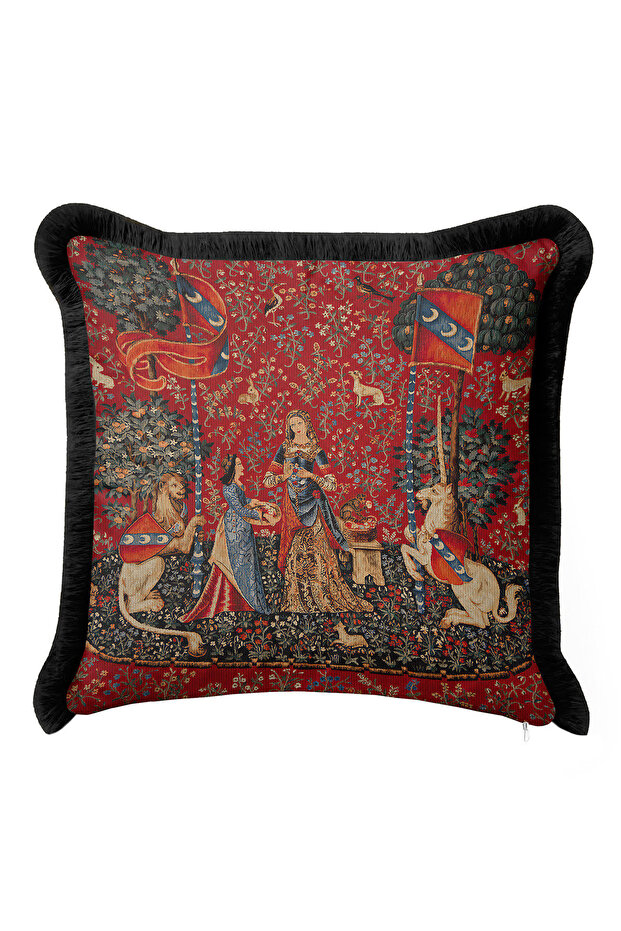 Medieval Tapestry Elegance Fringed Pillowcase - Artistic Gothic Red Black Tassel Throw Pillow Cover
