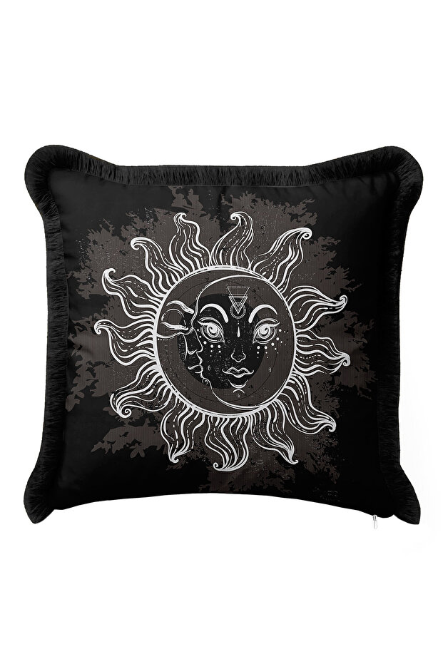 Mysticism Sun Moon Fringed Pillowcase - Bohemian Night Black Gray Tassel Throw Pillow Case