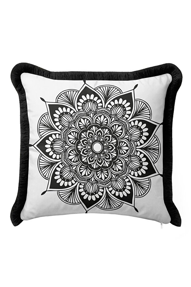 Mandala Black and White Fringed Pillowcase - Ethnic Bohemian Black Tassel Throw Pillow Cover