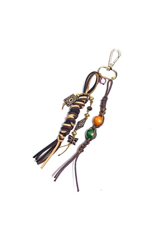 Handmade Wooden Beaded Brown Cream and Black Suede Drawstring Gold Detailed Bag Charm Keychain