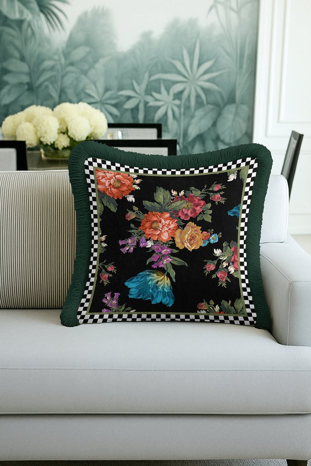 Palace Splendor Fringed Pillowcase - Flower Garden Luxury Bohemian Black Green Tassel Throw Pillow Cover