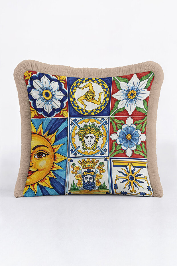 Mediterranean Motif Fringed Pillowcase - Sicilian Themed Eclectic Blue Yellow Tassel Throw Pillow Cover
