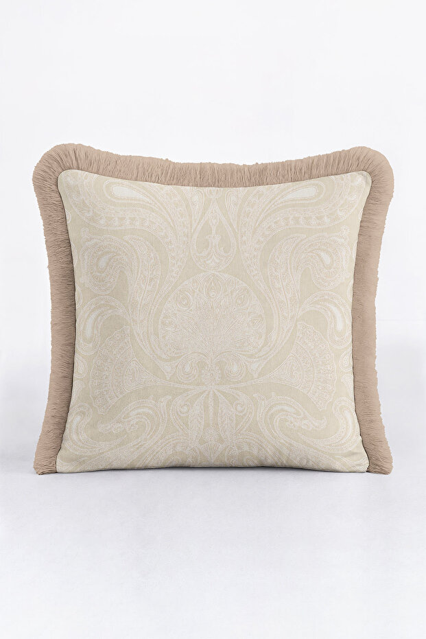 Elegant Baroque Motif Luxurious Fringed Pillowcase-Cream Beige Sophisticated Classic Beige Tassel Throw Pillow Cover