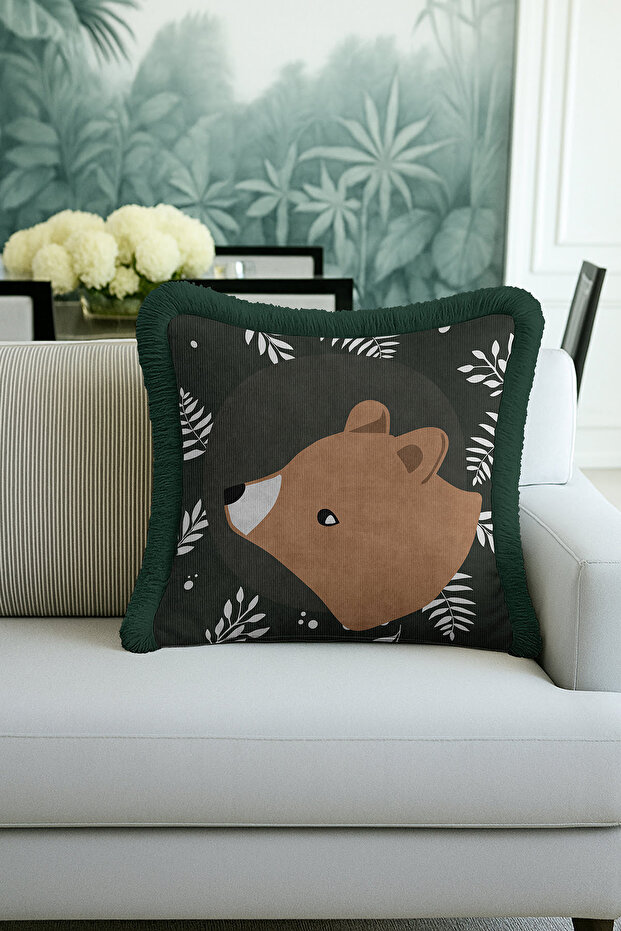 Children's Room Fox Fringed Pillowcase-Nature Themed Modern Green Brown Tassel Throw Pillow Cover