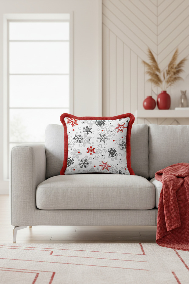 Elegant Snowflake Motif Fringed Pillowcase - Winter Themed Modern Red Tassel Throw Pillow Cover